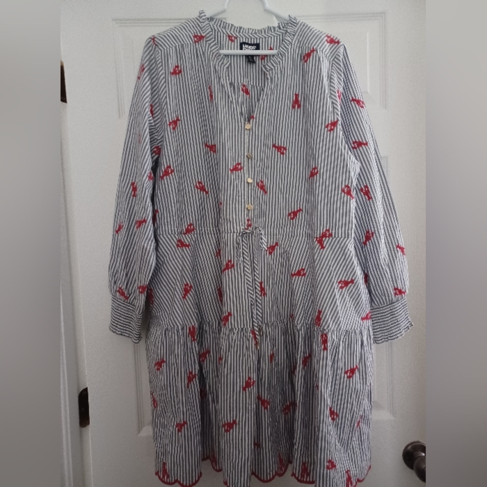 Lands' End Striped Long Sleeve Dress - Blue and Red